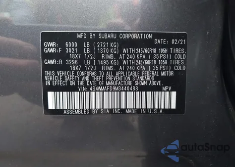 2021 Subaru Ascent Premium from USA, damaged, VIN 4S4WMAFD9M3440488